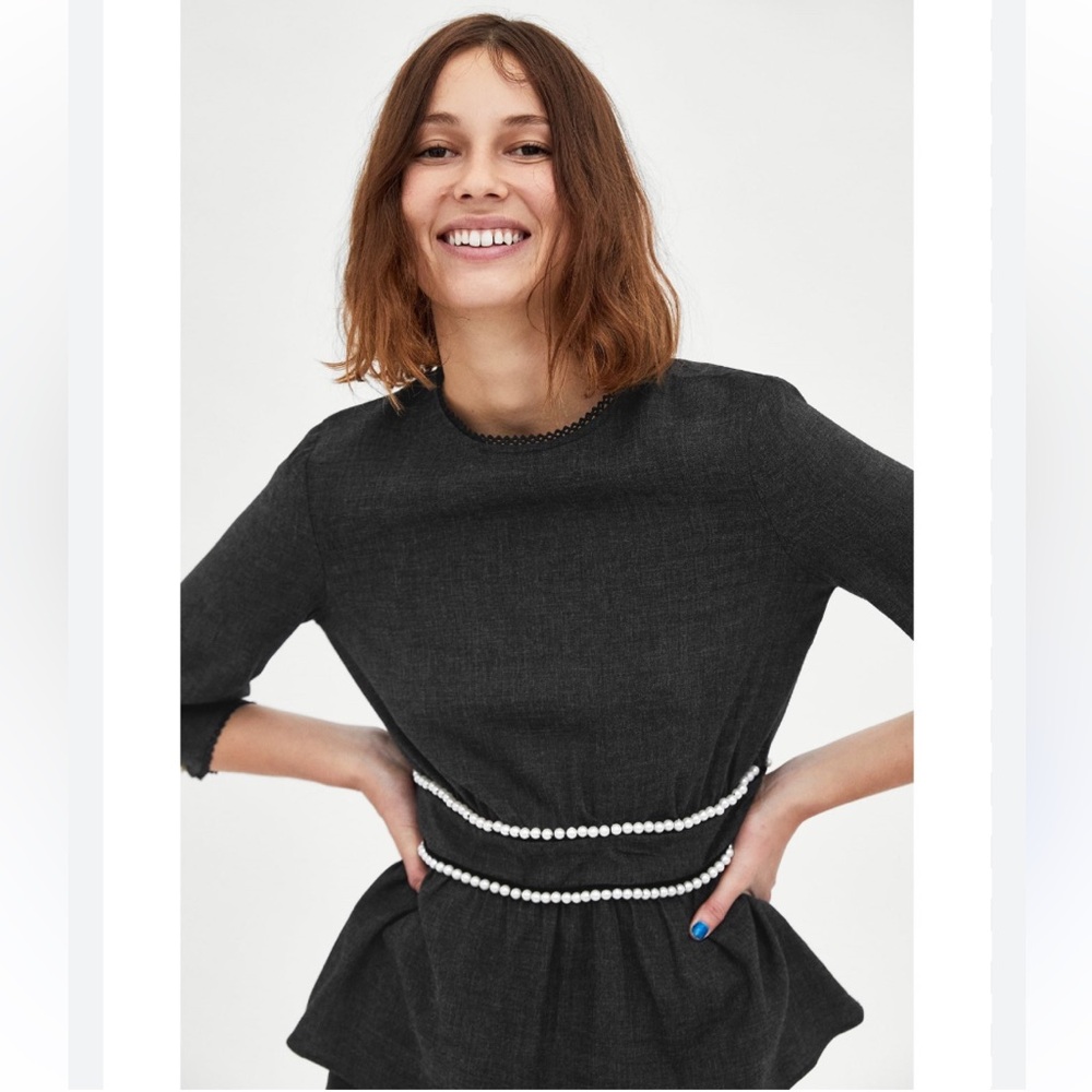 Zara TRF charcoal Gray Blouse Peplum Waist with Pearl Detail
